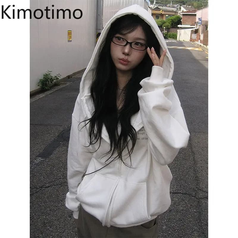 Kimotimo Hooded Coat Women Autumn Winter Letter Print Pocket Zip-up Long Sleeve Jacket Top Vintage Casual Y2k Streetwear Hoodie
