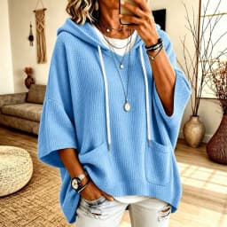 Hooded Loose Fit Hoodie Elegant with Commuter Chic Pullover Regular Thickness Three Quarter Sleeve Hooded Neckline Women Hoodie