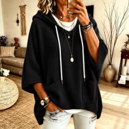 Hooded Loose Fit Hoodie Elegant with Commuter Chic Pullover Regular Thickness Three Quarter Sleeve Hooded Neckline Women Hoodie