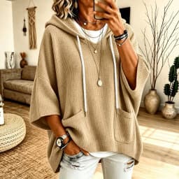 Hooded Loose Fit Hoodie Elegant with Commuter Chic Pullover Regular Thickness Three Quarter Sleeve Hooded Neckline Women Hoodie
