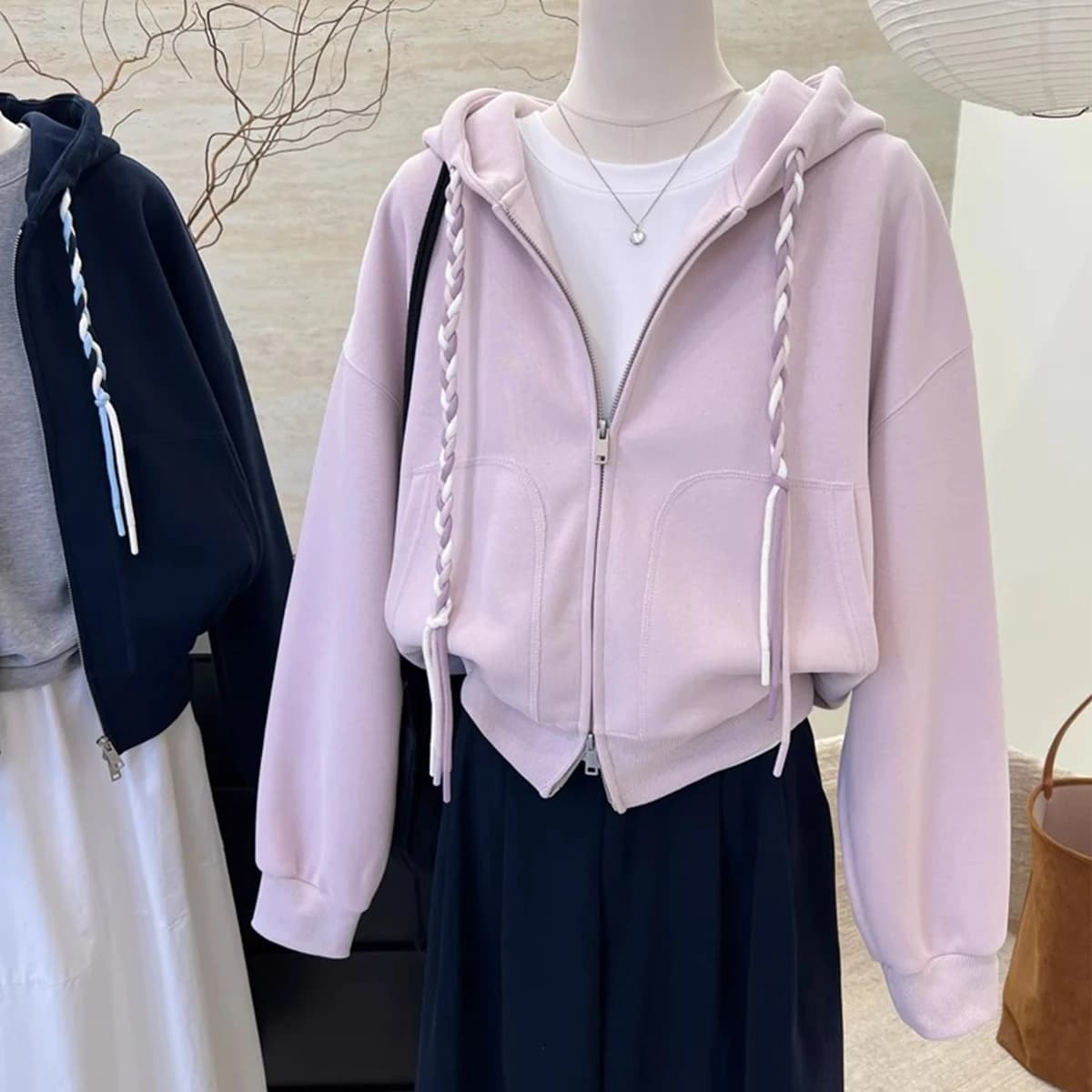 Braided Drawstring Cropped Zip Up Women's Hoodies Solid Color Long Sleeve Sweatshirt Spring Autumn Casual Jacket with Pockets