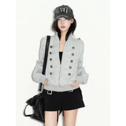 New Vintage Napoleon Style Women Jacket Stand Collar Double Breasted Decor Button Epaulet Zip‑Up Short Sweatshirt Coat