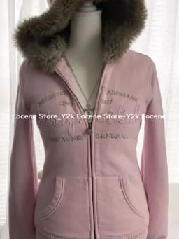 Vintage Letter Fur Collar Hooded Sweatshirt Autumn Winter Zipper Y2K Retro Fleece Jacket Harajuku Embroidery Plush Dark Fashion