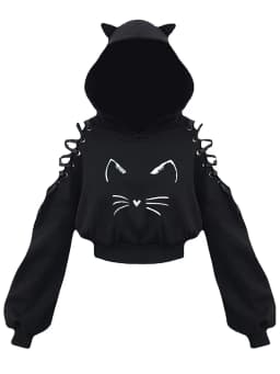 Y2k Off shoulder Hoodies Women Gothic Vintage Cat Graphic Sweatshirt Long sleeve Lace-up Crop Top Black Thick Basic Tees Shirt