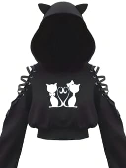 Y2k Off shoulder Hoodies Women Gothic Vintage Cat Graphic Sweatshirt Long sleeve Lace-up Crop Top Black Thick Basic Tees Shirt