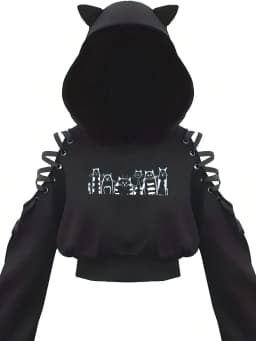 Y2k Off shoulder Hoodies Women Gothic Vintage Cat Graphic Sweatshirt Long sleeve Lace-up Crop Top Black Thick Basic Tees Shirt