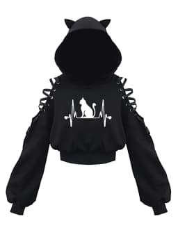 Y2k Off shoulder Hoodies Women Gothic Vintage Cat Graphic Sweatshirt Long sleeve Lace-up Crop Top Black Thick Basic Tees Shirt
