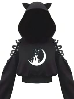 Y2k Off shoulder Hoodies Women Gothic Vintage Cat Graphic Sweatshirt Long sleeve Lace-up Crop Top Black Thick Basic Tees Shirt