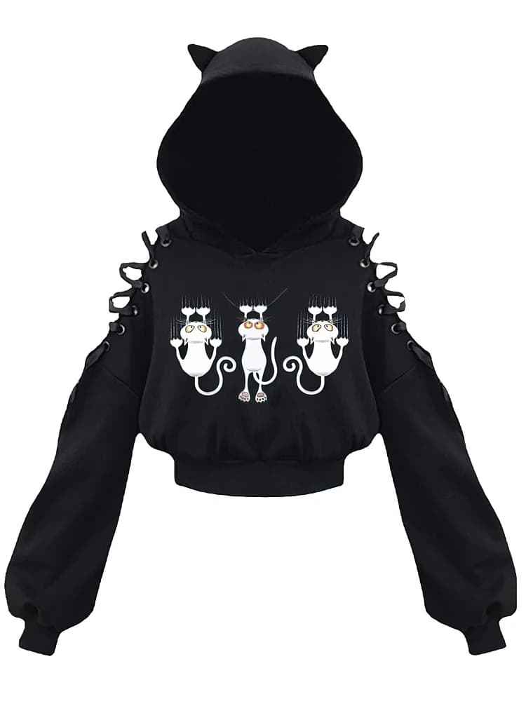 Y2k Off shoulder Hoodies Women Gothic Vintage Cat Graphic Sweatshirt Long sleeve Lace-up Crop Top Black Thick Basic Tees Shirt