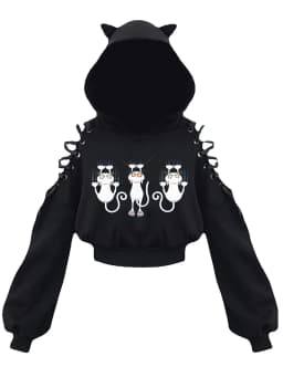 Y2k Off shoulder Hoodies Women Gothic Vintage Cat Graphic Sweatshirt Long sleeve Lace-up Crop Top Black Thick Basic Tees Shirt