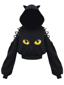 Y2k Off shoulder Hoodies Women Gothic Vintage Cat Graphic Sweatshirt Long sleeve Lace-up Crop Top Black Thick Basic Tees Shirt
