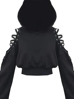 Y2k Off shoulder Hoodies Women Gothic Vintage Cat Graphic Sweatshirt Long sleeve Lace-up Crop Top Black Thick Basic Tees Shirt