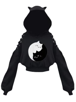 Y2k Off shoulder Hoodies Women Gothic Vintage Cat Graphic Sweatshirt Long sleeve Lace-up Crop Top Black Thick Basic Tees Shirt