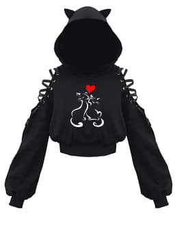 Y2k Off shoulder Hoodies Women Gothic Vintage Cat Graphic Sweatshirt Long sleeve Lace-up Crop Top Black Thick Basic Tees Shirt
