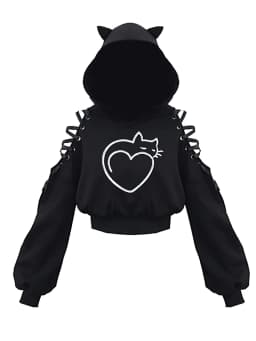 Y2k Off shoulder Hoodies Women Gothic Vintage Cat Graphic Sweatshirt Long sleeve Lace-up Crop Top Black Thick Basic Tees Shirt