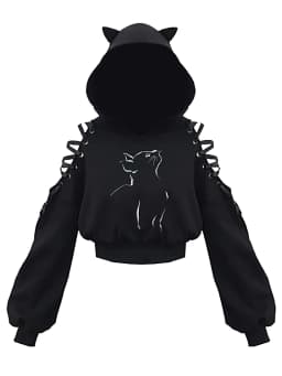 Y2k Off shoulder Hoodies Women Gothic Vintage Cat Graphic Sweatshirt Long sleeve Lace-up Crop Top Black Thick Basic Tees Shirt
