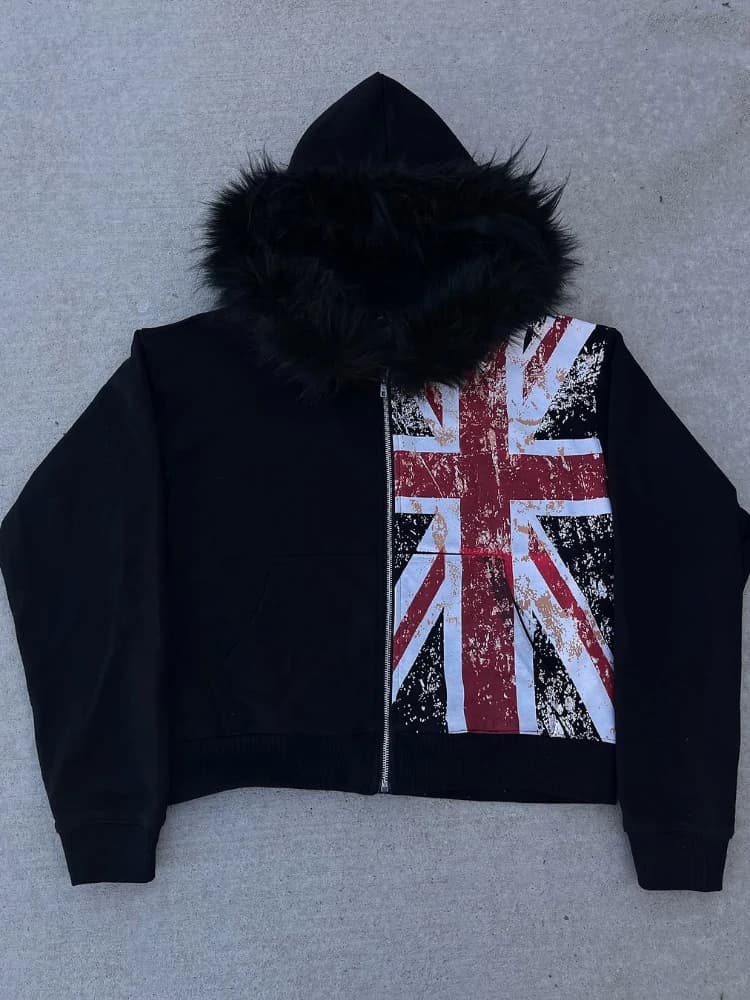 2025 Leather Collar National Flag Printed Zipper Sweatshirt Long Sleeve Pullover Hoodie Retro Jacket Street Y2K Popular Haircoat