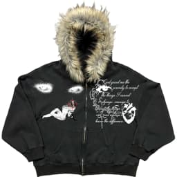 Retro Fashion Fur Collar Print Pattern Letter Hoodie Y2k Goth Street Men Women Loose Casual Sportswear Harajuku Jacket Zipper