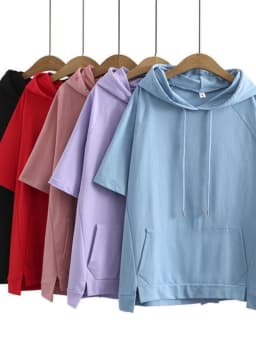Loose Short Sleeve Hoodie Women's Summer New Style Thin Korean Pure Color Outerwear T-shirt Large Size Comfortable Breathable