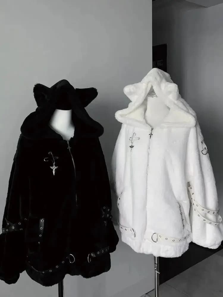 Japanese Kawaii Coat Long Sleeve Women Casual Solid Color Cat Ears Harajuku Sweatshirt Sweet Zipper Hoodie Autumn Winter Tops