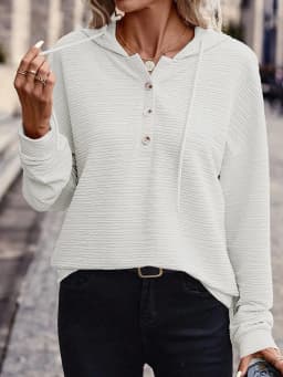 Casual Hooded Hoodie Mid Length Commuter with Jacquard Stripe or Check Pattern Three Button Placket Loose Fit Women Sweatshirt