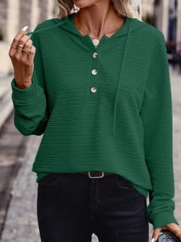 Casual Hooded Hoodie Mid Length Commuter with Jacquard Stripe or Check Pattern Three Button Placket Loose Fit Women Sweatshirt