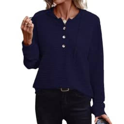 Casual Hooded Hoodie Mid Length Commuter with Jacquard Stripe or Check Pattern Three Button Placket Loose Fit Women Sweatshirt
