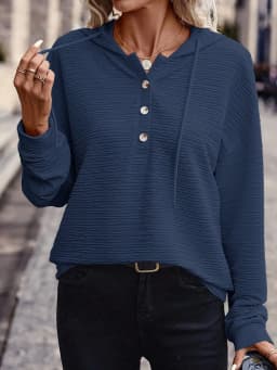 Casual Hooded Hoodie Mid Length Commuter with Jacquard Stripe or Check Pattern Three Button Placket Loose Fit Women Sweatshirt