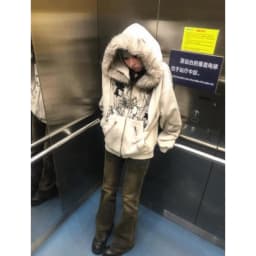 Subculture Faux Coats Women Graphic Jacket Hooded Fleece Fur Hoodie Edgy American Retro Street Style Y2K Fashion Top Sweatshirt