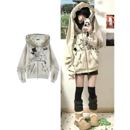 Subculture Faux Coats Women Graphic Jacket Hooded Fleece Fur Hoodie Edgy American Retro Street Style Y2K Fashion Top Sweatshirt