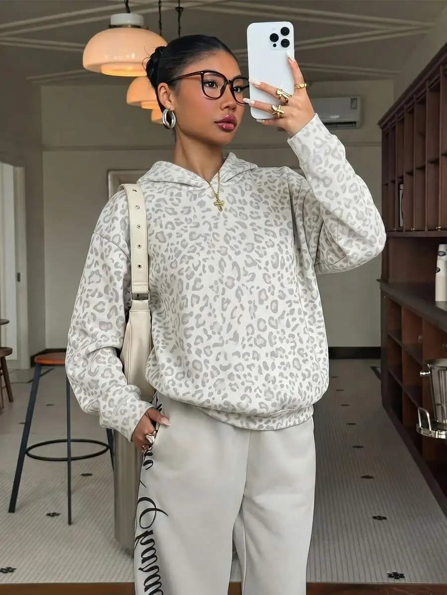 Women's Autumn Winter Leopard Print Long Sleeve Hooded Pullover Sweatshirt