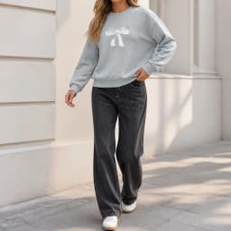 Bow Casual Loose Fit Hoodie with Regular Sleeve Standard Length Single Pullover No Hood Sweatshirt Round Neck Women Sweatshirt