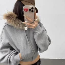 American Vintage Grey Hooded Jacket Women Faux Fur Collar Cropped Zip Up Sweatshirt Fashion Slim Fit Thickened Winter Coat New