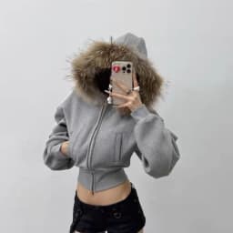 American Vintage Grey Hooded Jacket Women Faux Fur Collar Cropped Zip Up Sweatshirt Fashion Slim Fit Thickened Winter Coat New