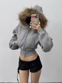 American Vintage Grey Hooded Jacket Women Faux Fur Collar Cropped Zip Up Sweatshirt Fashion Slim Fit Thickened Winter Coat New