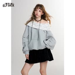 ELFSACK Women's Casual Off Shoulder Sweatshirt with Patterned Collar, Loose Long Sleeve Pullover for Everyday, Chic Gray Top