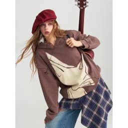 ELFSACK Women's Vintage Oversized Hoodie with Fox Graphic Print, Casual Long Sleeve Top for Daily Wear