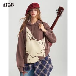 ELFSACK Women's Vintage Oversized Hoodie with Fox Graphic Print, Casual Long Sleeve Top for Daily Wear
