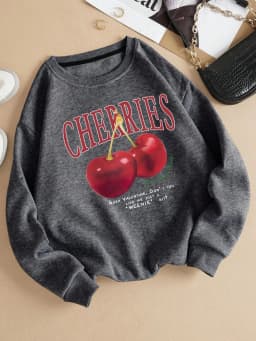 Fashion Womens Sweatshirt Fresh Red Cherries Printing Pullover Crewneck Fleece Soft Breathable Hoodie Autumn Female Streetwear