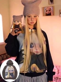 Korean Style Cartoon Doll Design Hooded Zipper Sweatshirt Jacket Casual Early Spring New Model Female Loose Fit Long Sleeve