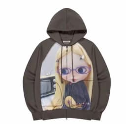 Korean Style Cartoon Doll Design Hooded Zipper Sweatshirt Jacket Casual Early Spring New Model Female Loose Fit Long Sleeve
