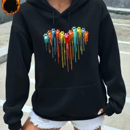 Women's Autumn and Winter Warm and Loose Casual Heart-Shaped Printed Velvet Long-Sleeved Hooded Sweatshirt