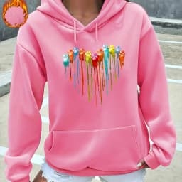 Women's Autumn and Winter Warm and Loose Casual Heart-Shaped Printed Velvet Long-Sleeved Hooded Sweatshirt