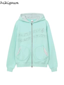 2026 Women's Clothing Korean Zip-up Hoodies Jackets Ropa Mujer Chic Y2k Tops Hooded Print Pockets Casual Fashion Hoodie Coats