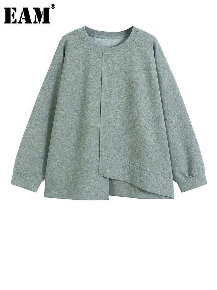 [EAM] Gray Brief Irregular Hem Big Size Sweatshirt New Round Neck Long Sleeve Women Fashion Tide Spring Autumn 2026 1DJ9393