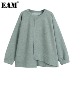 [EAM] Gray Brief Irregular Hem Big Size Sweatshirt New Round Neck Long Sleeve Women Fashion Tide Spring Autumn 2026 1DJ9393