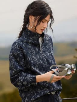 Women's Vintage Jacquard Denim Sweatshirt Half Zip Stand Collar Floral Print Coat Loose Fit Boho Chic Fall Winter Outerwear Top