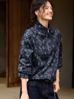 Women's Vintage Jacquard Denim Sweatshirt Half Zip Stand Collar Floral Print Coat Loose Fit Boho Chic Fall Winter Outerwear Top