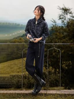Women's Vintage Jacquard Denim Sweatshirt Half Zip Stand Collar Floral Print Coat Loose Fit Boho Chic Fall Winter Outerwear Top