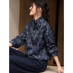 Women's Vintage Jacquard Denim Sweatshirt Half Zip Stand Collar Floral Print Coat Loose Fit Boho Chic Fall Winter Outerwear Top
